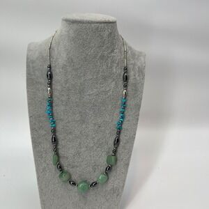 Turquoise Green Stone Hematite‎ Beaded Necklace Boho Statement Jewelry 19 inches